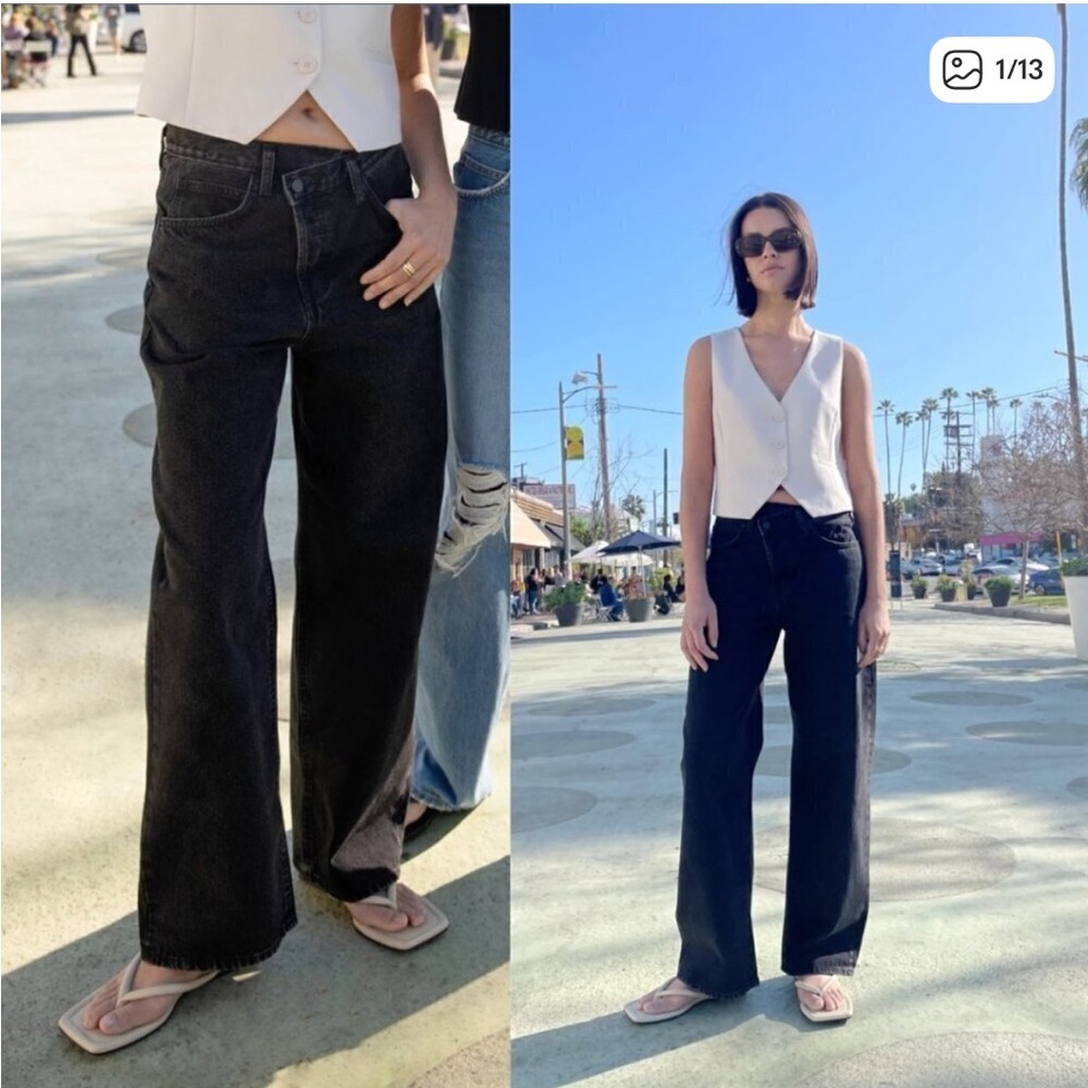 OAK + FORT Black Denim Jeans Criss Cross Fly Straight Leg High Rise Size 26​